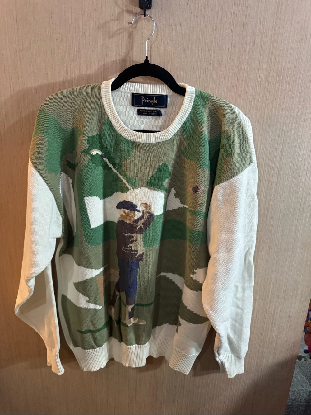 Pringle Green Camouflage Golf Motif Crewneck Sweater with Cream Sleeves Large